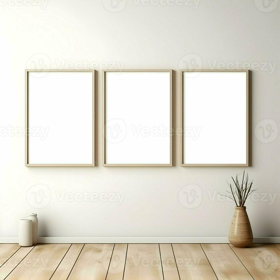 Three photo blank picture frames on parquet floor white wall. High resolution. AI Generative