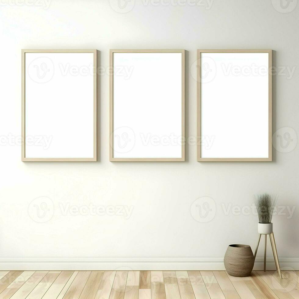 Three photo blank picture frames on parquet floor white wall. Minimalism. High resolution. AI Generative