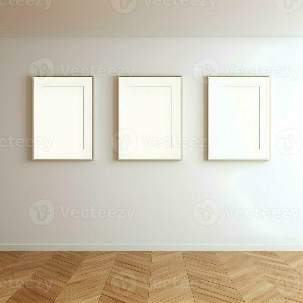Three photo blank picture frames on parquet floor white wall. Minimalism. High resolution. AI Generative