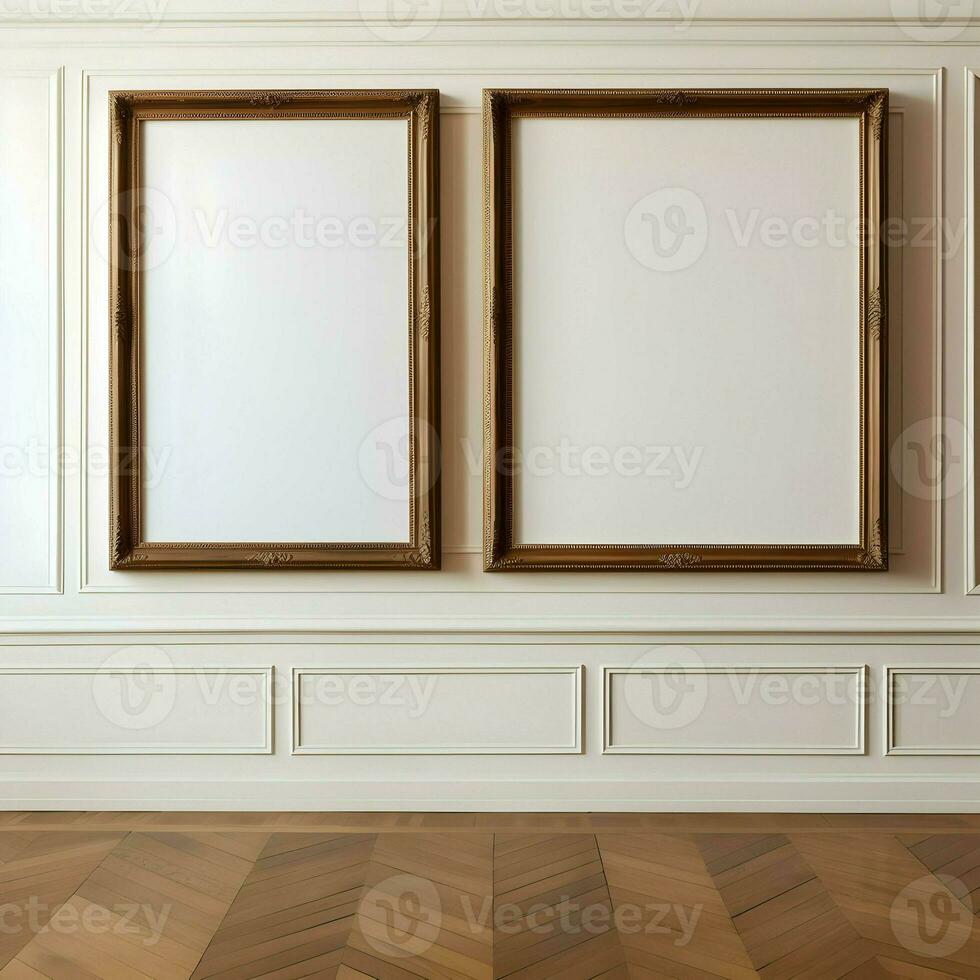 Two photo blank picture frames on the parquet floor. High resolution. AI Generative