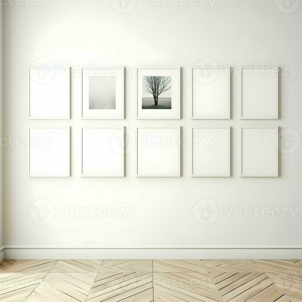 Several photo blank picture frames on parquet floor. High resolution. AI Generative
