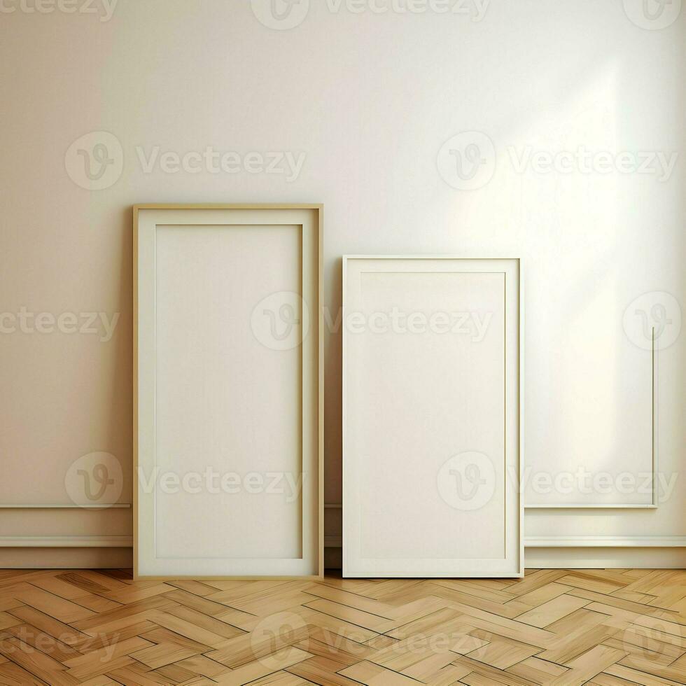 Two photo blank picture frames on the parquet floor. High resolution. AI Generative