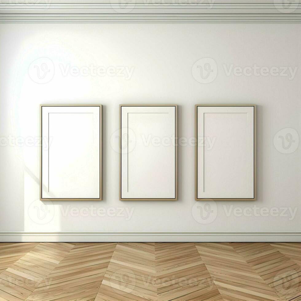 Three photo blank picture frames on parquet floor white wall. Minimalism. High resolution. AI Generative
