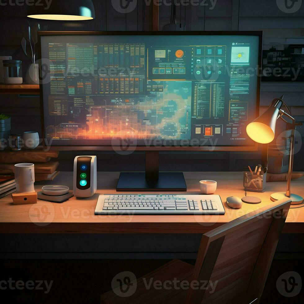 Working place table monitor. High-resolution. AI Generative photo