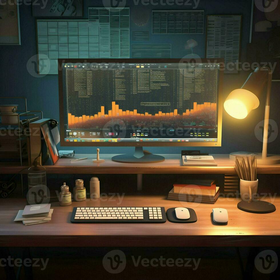 Working dark place table with monitor. High-resolution. AI Generative photo