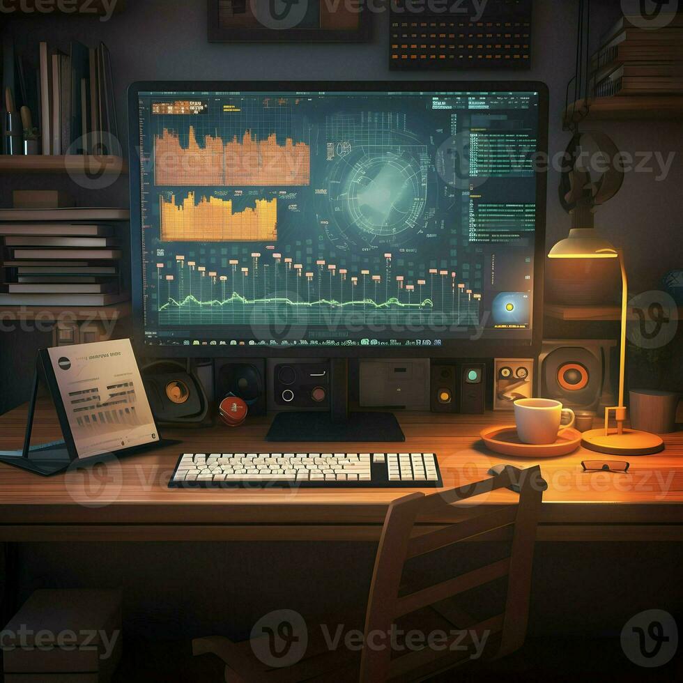 Working place table monitor. High-resolution. AI Generative photo