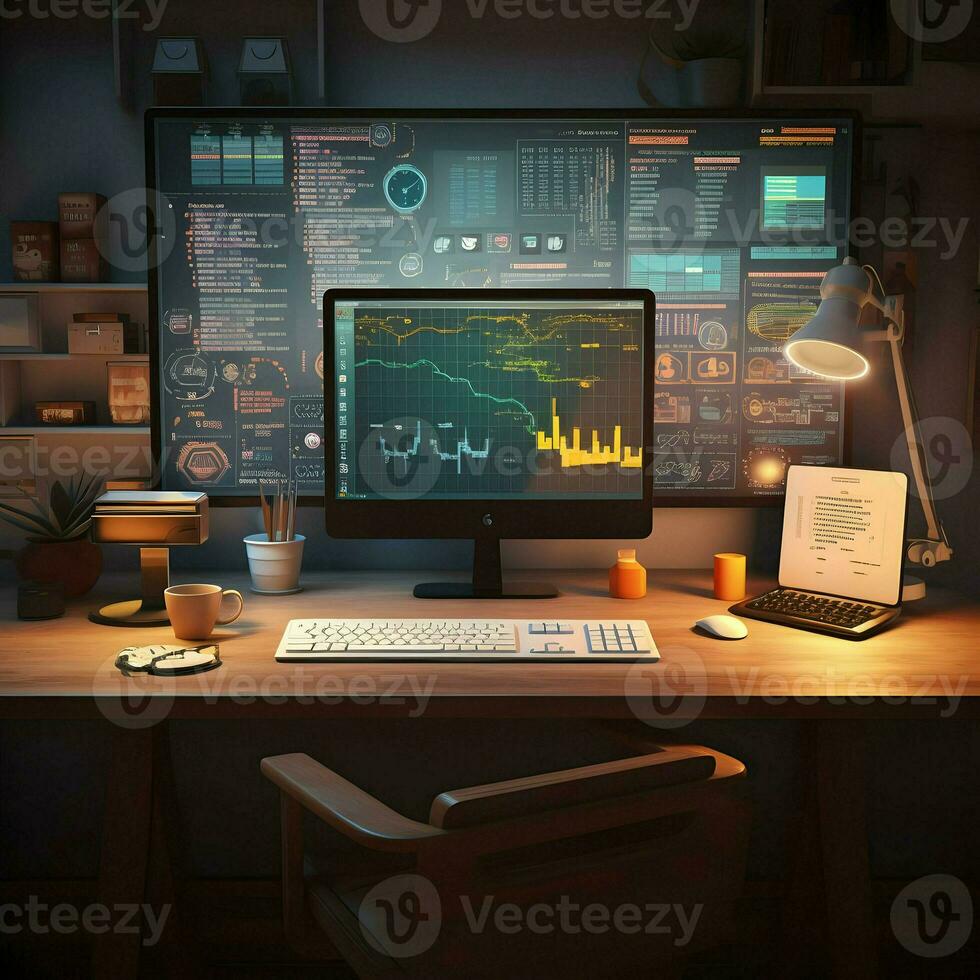 Working place table monitor. High quality. AI Generative photo