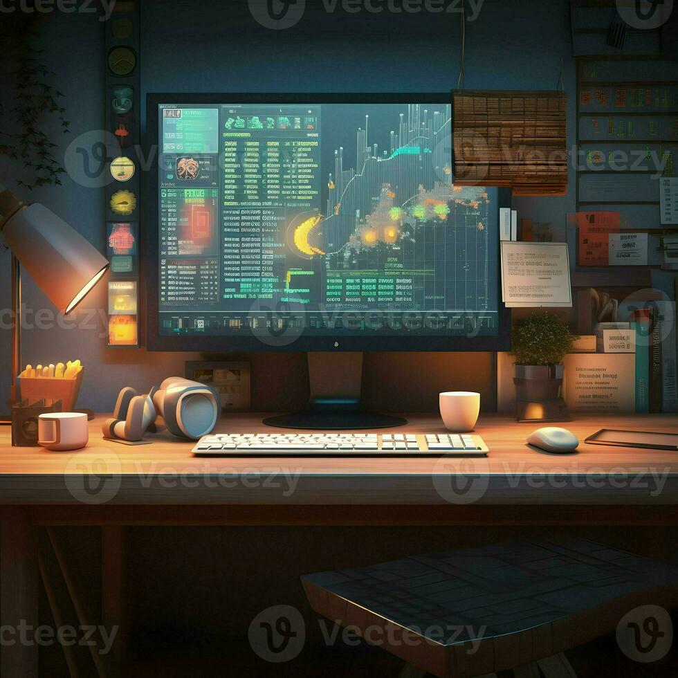 Working place table with monitor. High quality. AI Generative photo