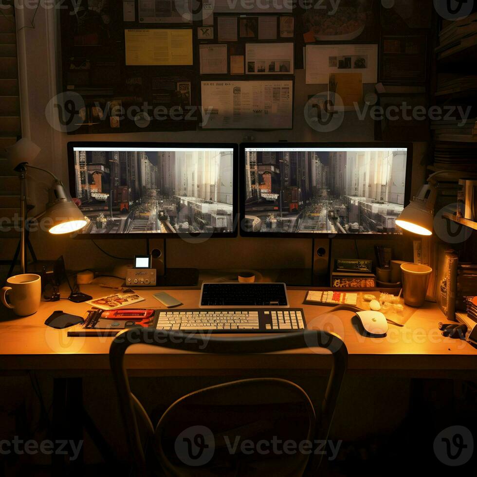 Working place table two monitor. High quality. AI Generative photo