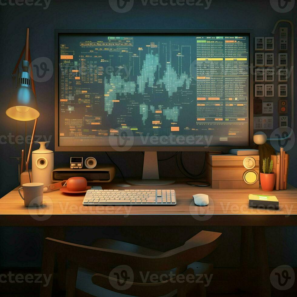 Working place table monitor. High quality. AI Generative photo