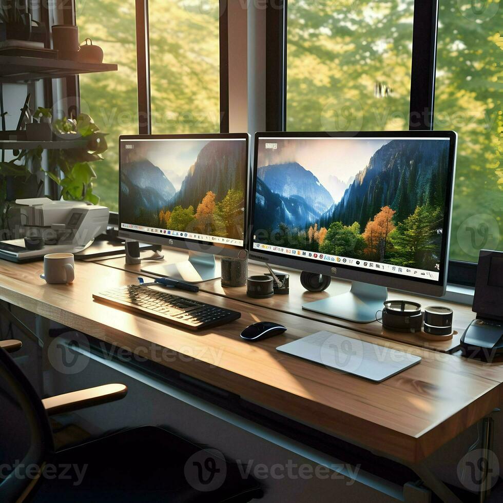Working place table two monitor. High quality. AI Generative photo