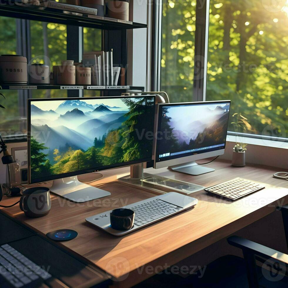 Working place table two monitor. High-resolution. AI Generative photo