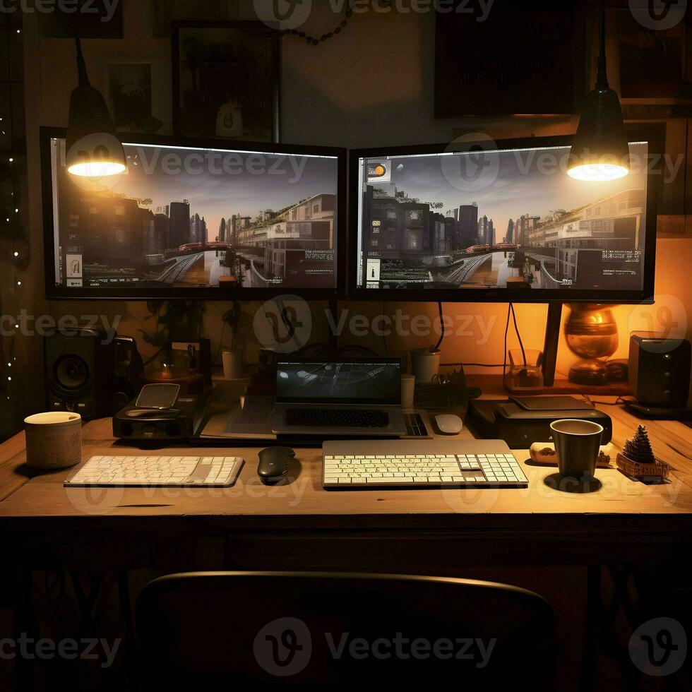 Working place table two monitor. High quality. AI Generative photo