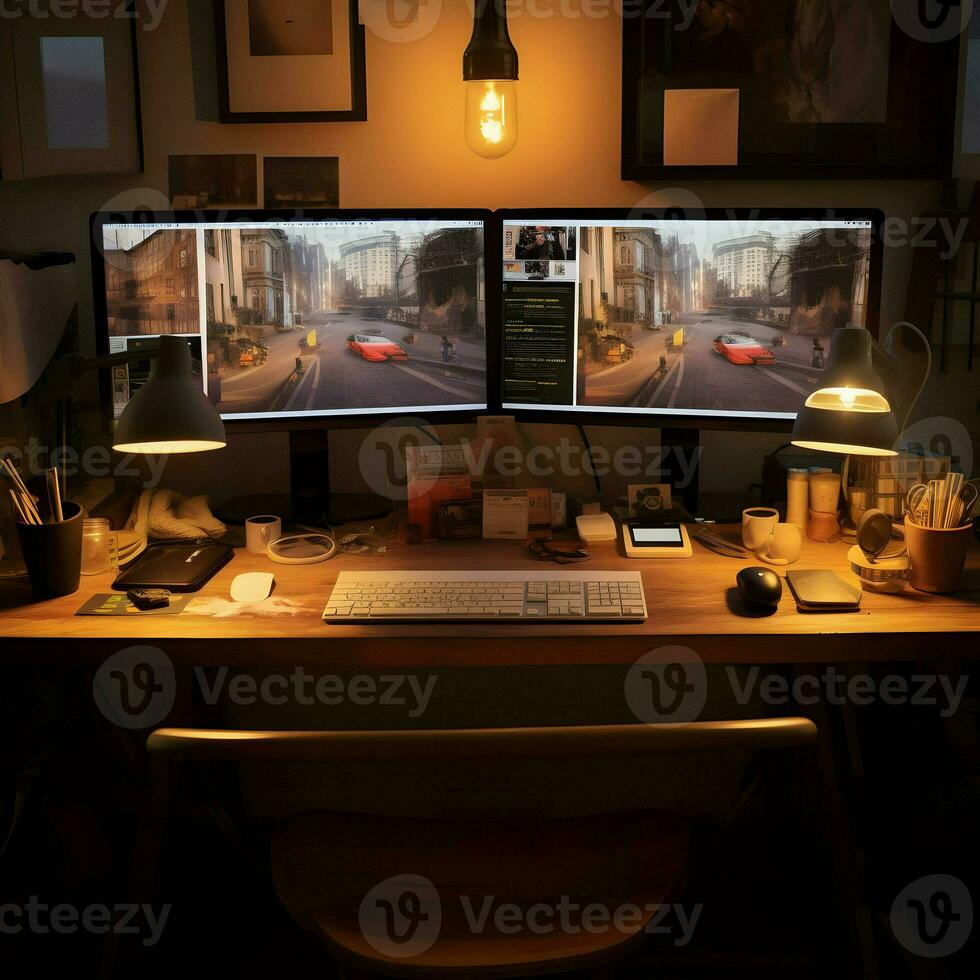 Working place table two monitor. High-resolution. AI Generative photo