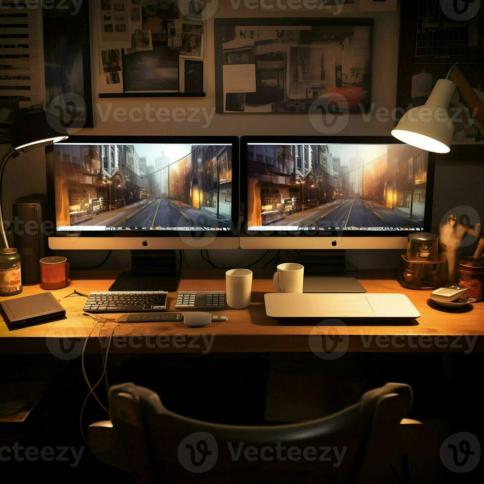 Working place table two monitor. High quality. AI Generative photo