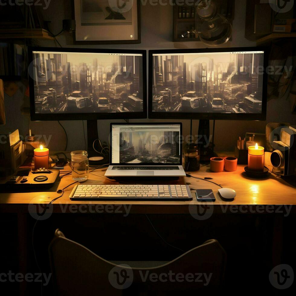 Working place table two monitor. High-resolution. AI Generative photo