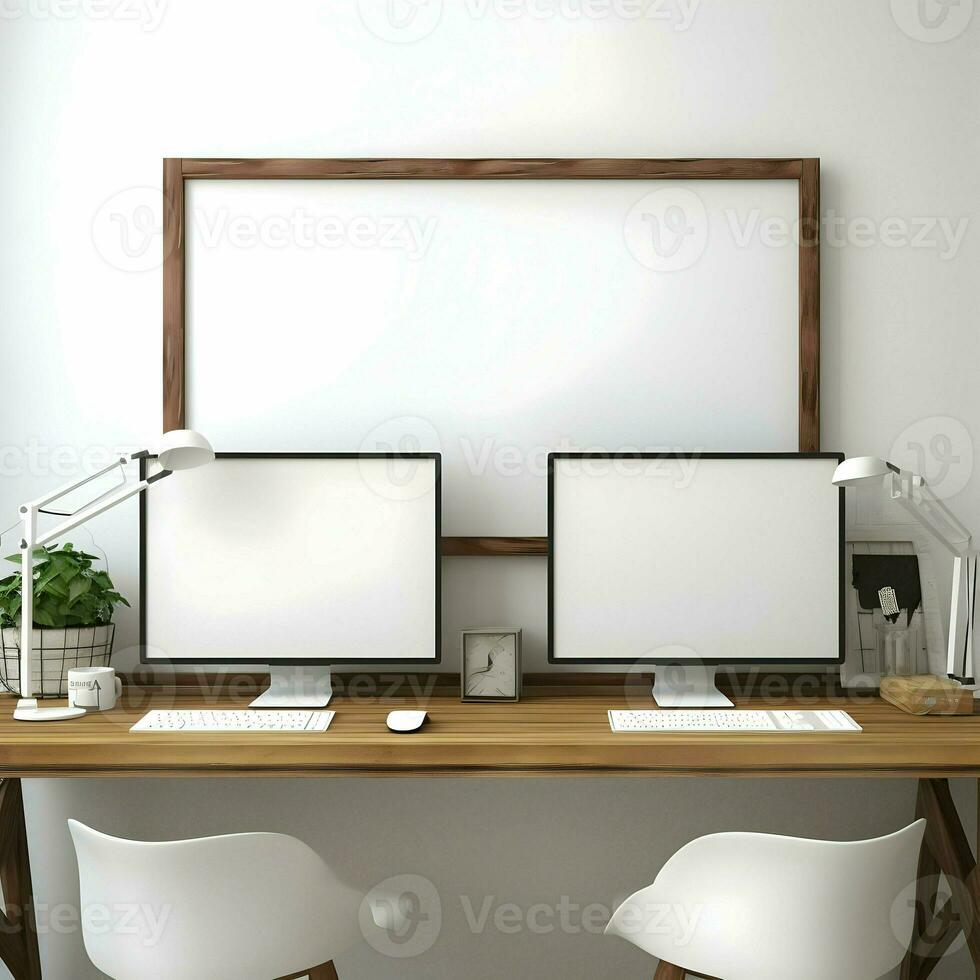 Working place table two monitor with blank frame High resolution. AI Generative photo
