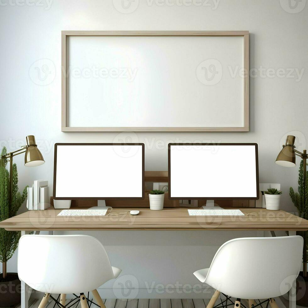 Working place table two monitor with blank frame High resolution. AI Generative photo