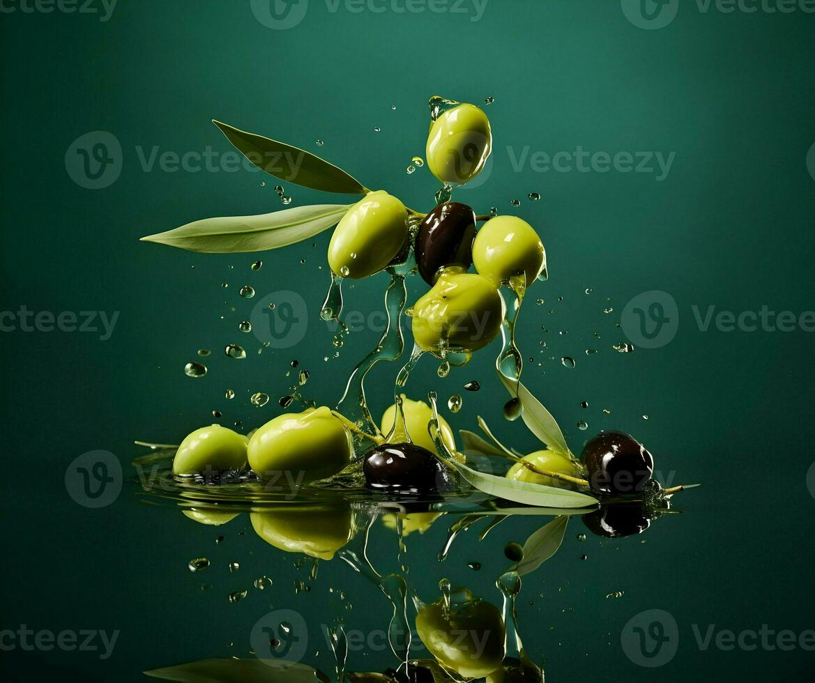 Olives and olive oil floating on a green background. High quality. AI Generative photo