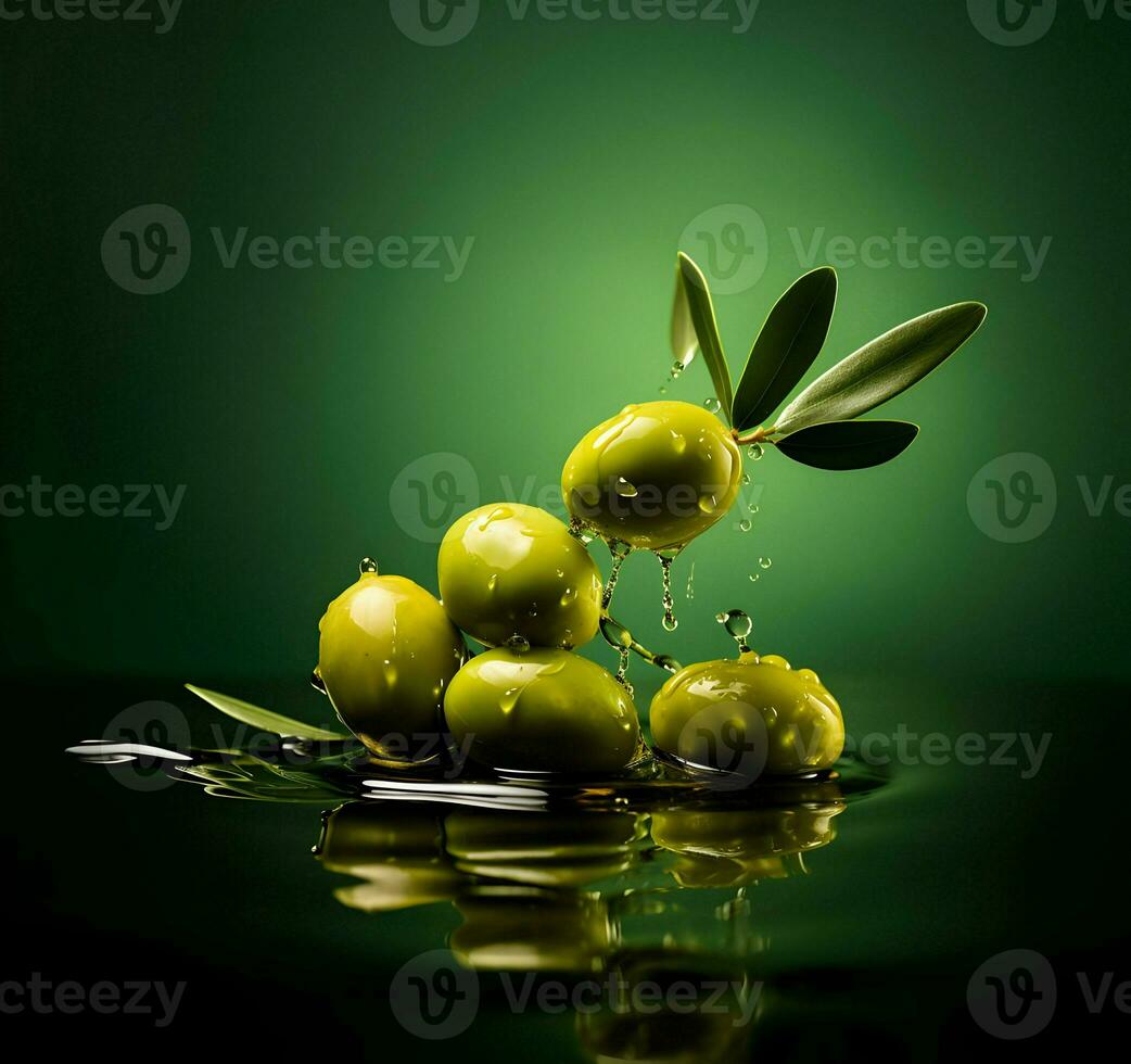 Olives and olive oil floating on a green background. High quality AI Generative photo