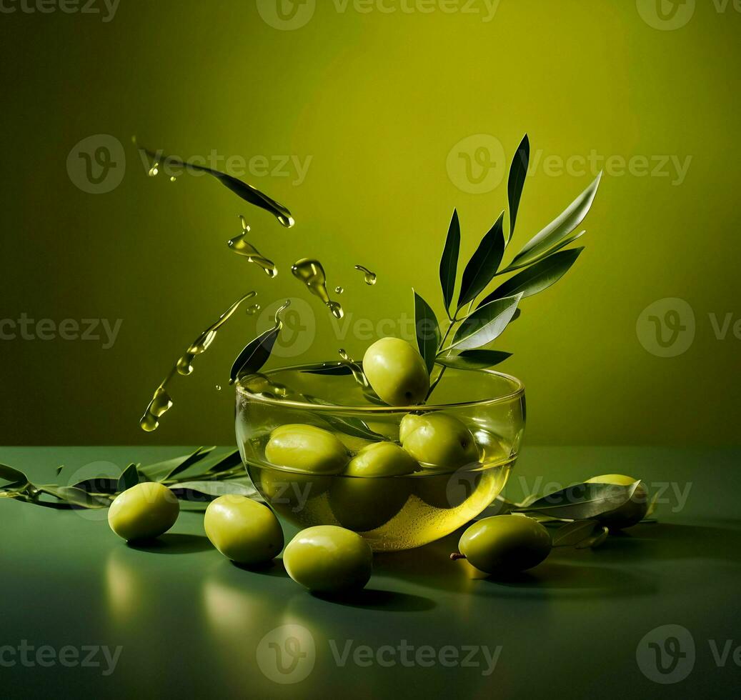 Olives and olive oil floating on a green background. High quality. AI Generative photo