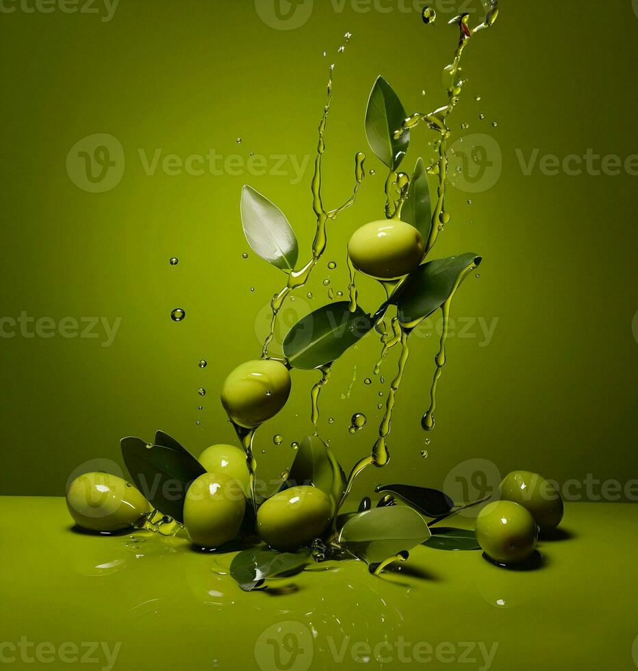 Olives and olive oil floating on a green background. High quality AI Generative photo