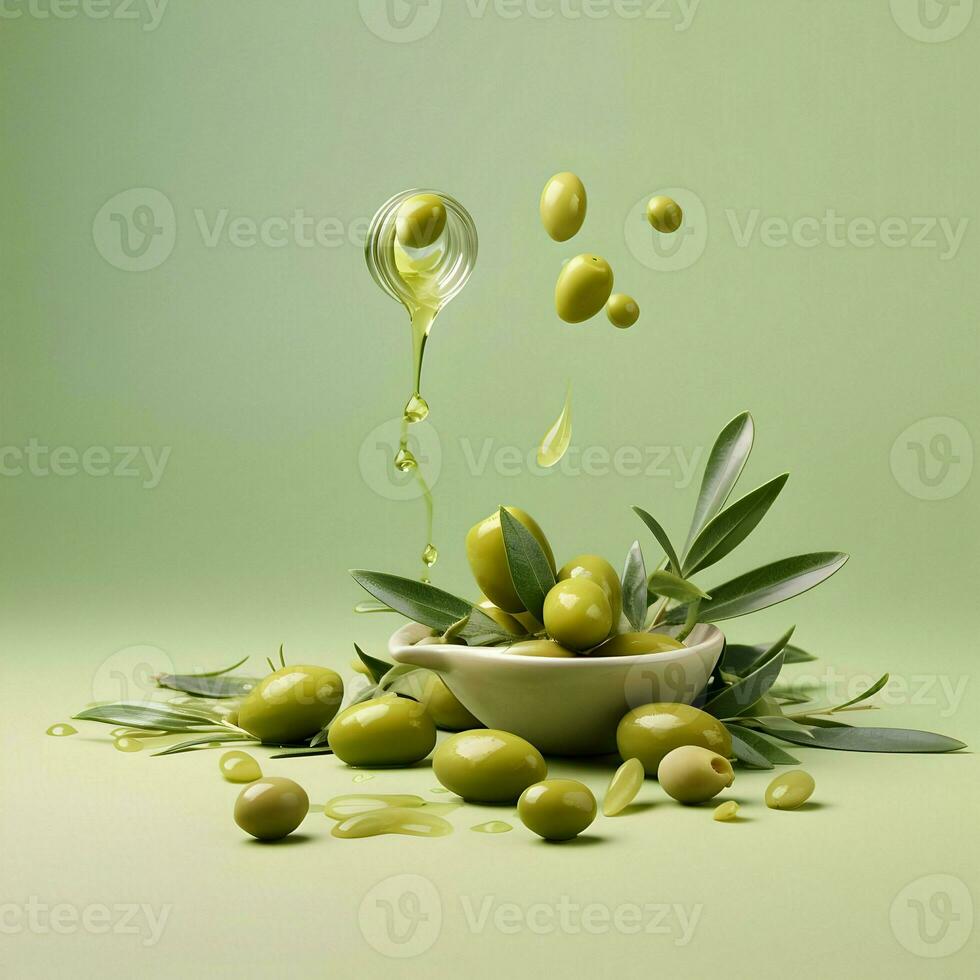 aceitunas y aceituna petróleo flotante en un verde antecedentes. alto calidad ai generativo foto