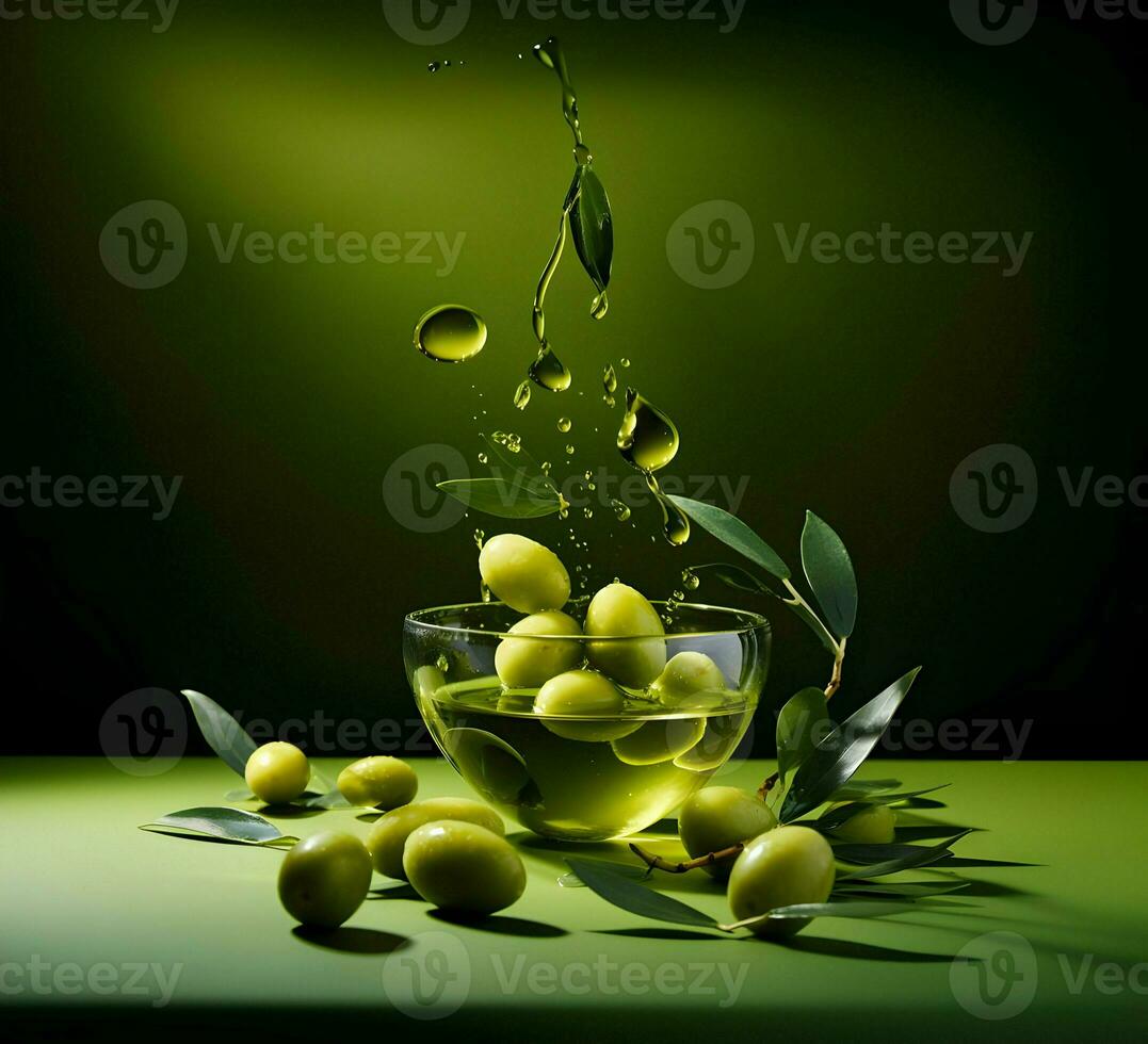 Olives and olive oil floating on a green background. High quality AI Generative photo