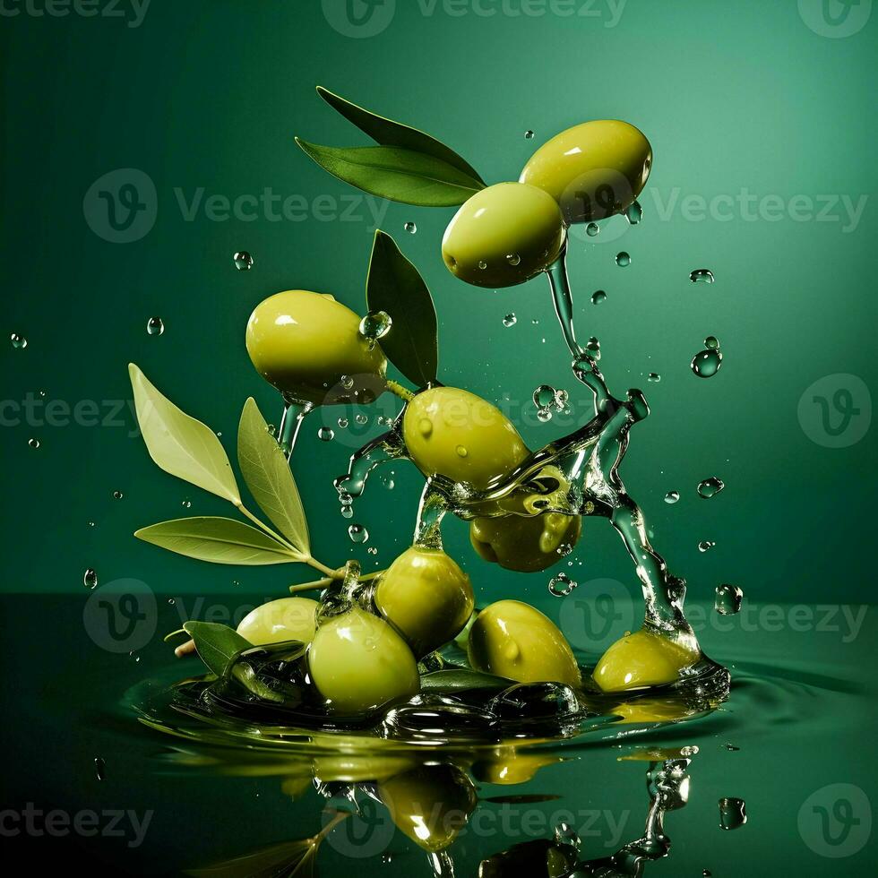 Olives and olive oil floating on a green background. High quality AI Generative photo