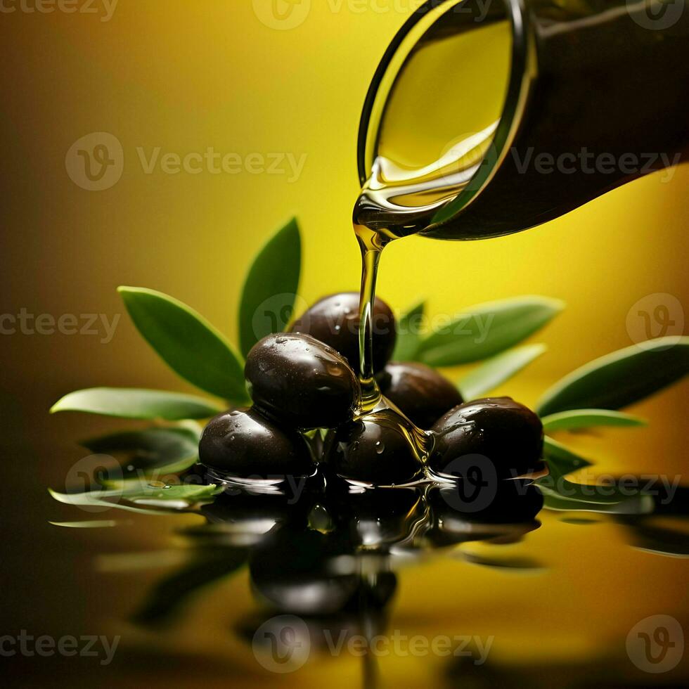 Black olives and olive oil floating on a green background, High quality AI Generative photo