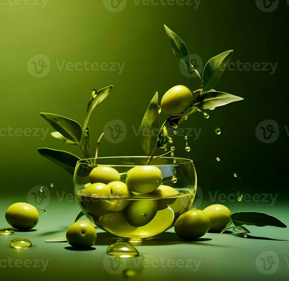 Olives and olive oil floating on a green background. High quality AI Generative photo