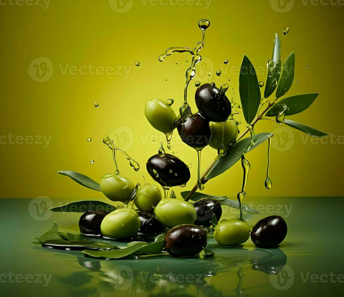 aceitunas y aceituna petróleo flotante en un verde antecedentes. alto calidad ai generativo foto