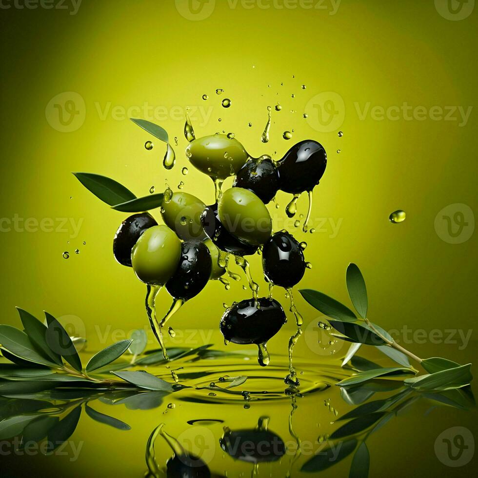 aceitunas y aceituna petróleo flotante en un verde antecedentes. alto calidad ai generativo foto