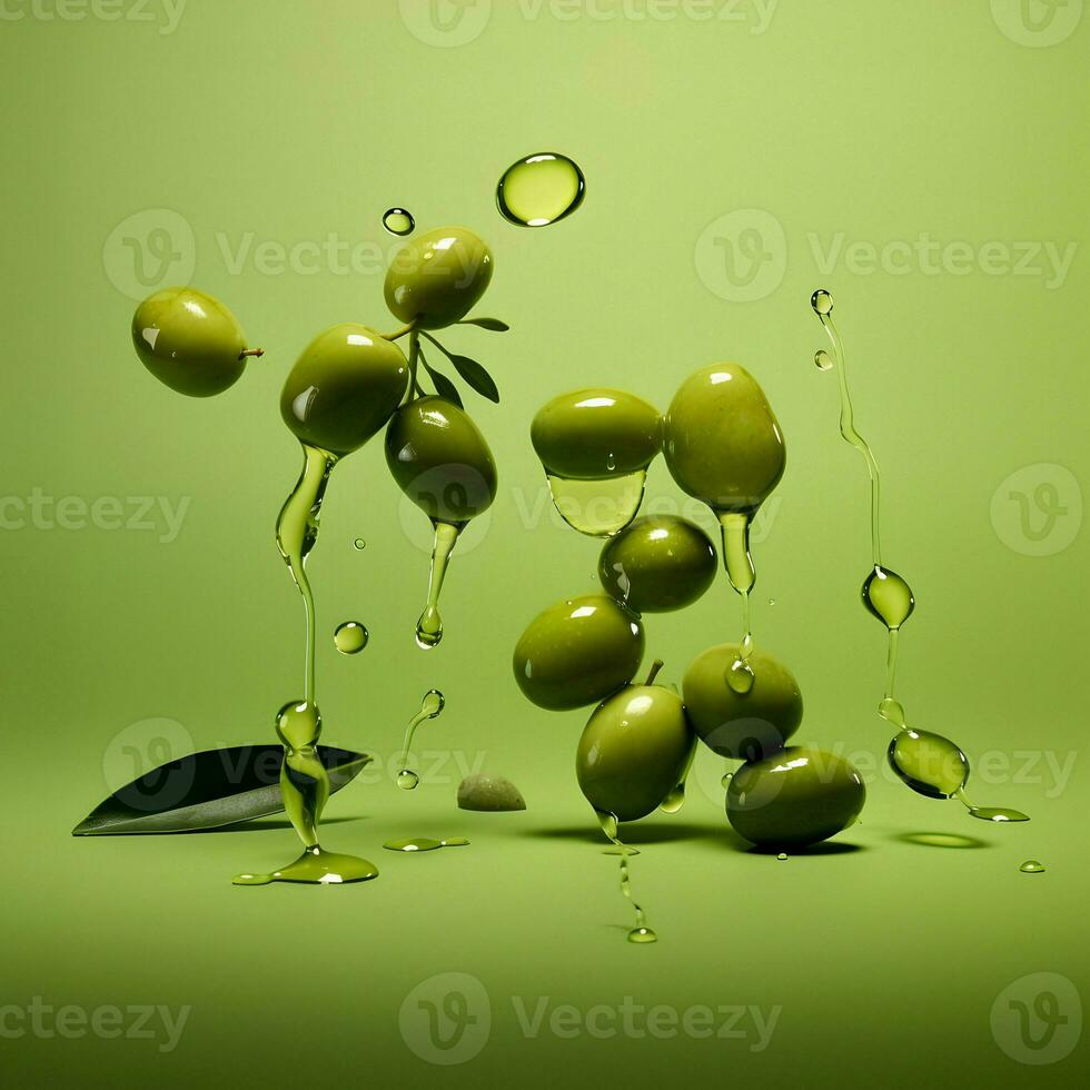 aceitunas y aceituna petróleo flotante en un verde antecedentes. alto calidad ai generativo foto