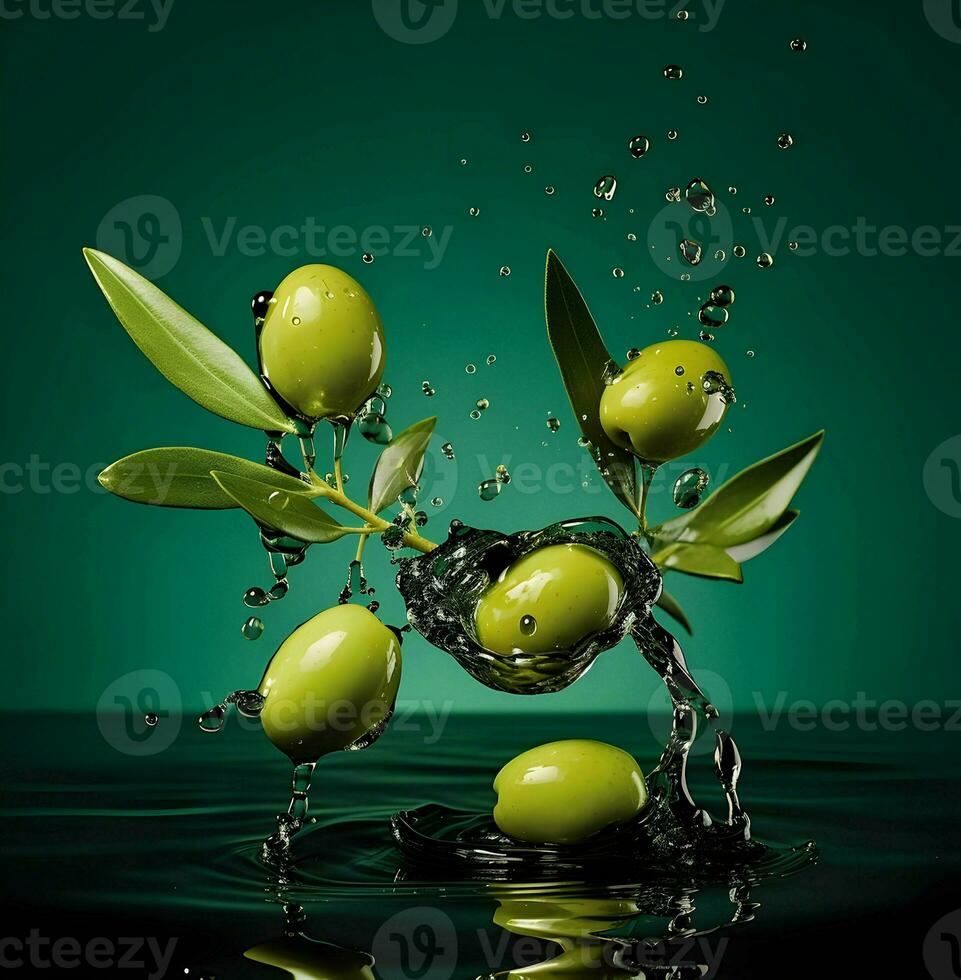 Olives and olive oil floating on a green background. High quality AI Generative photo