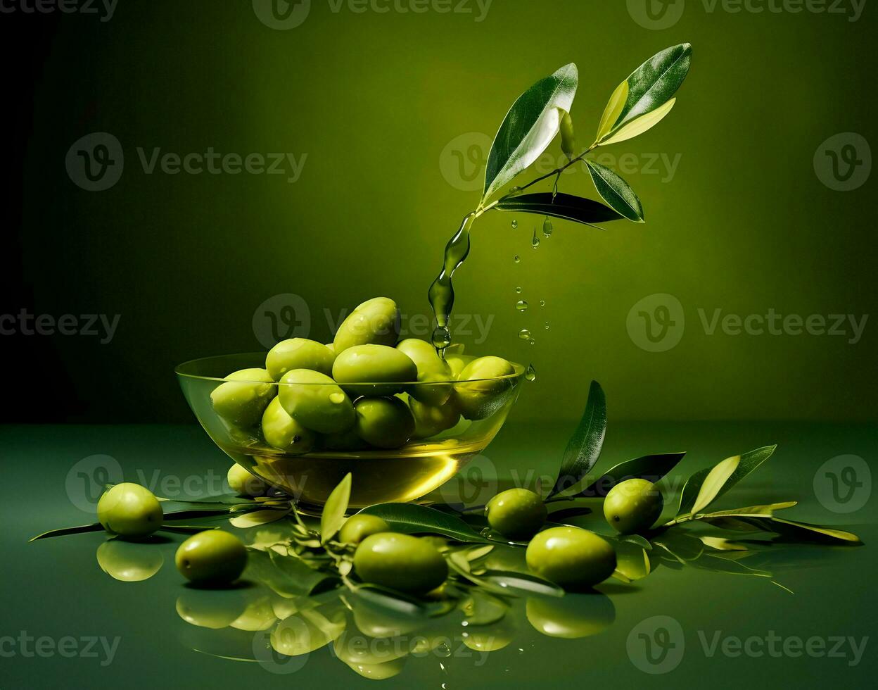 Olives and olive oil floating on a green background. High quality AI Generative photo