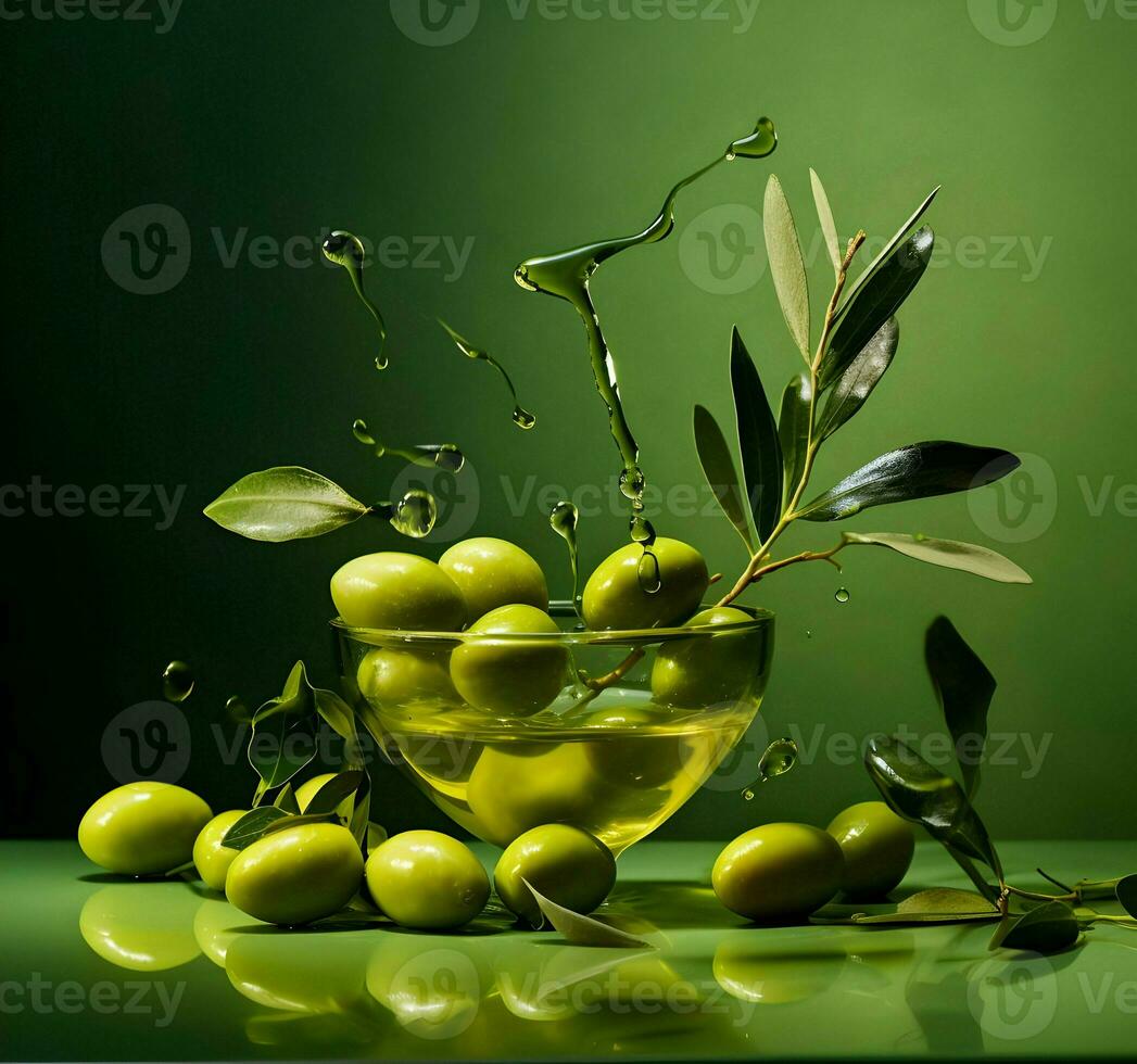 Olives and olive oil floating on a green background. High quality AI Generative photo