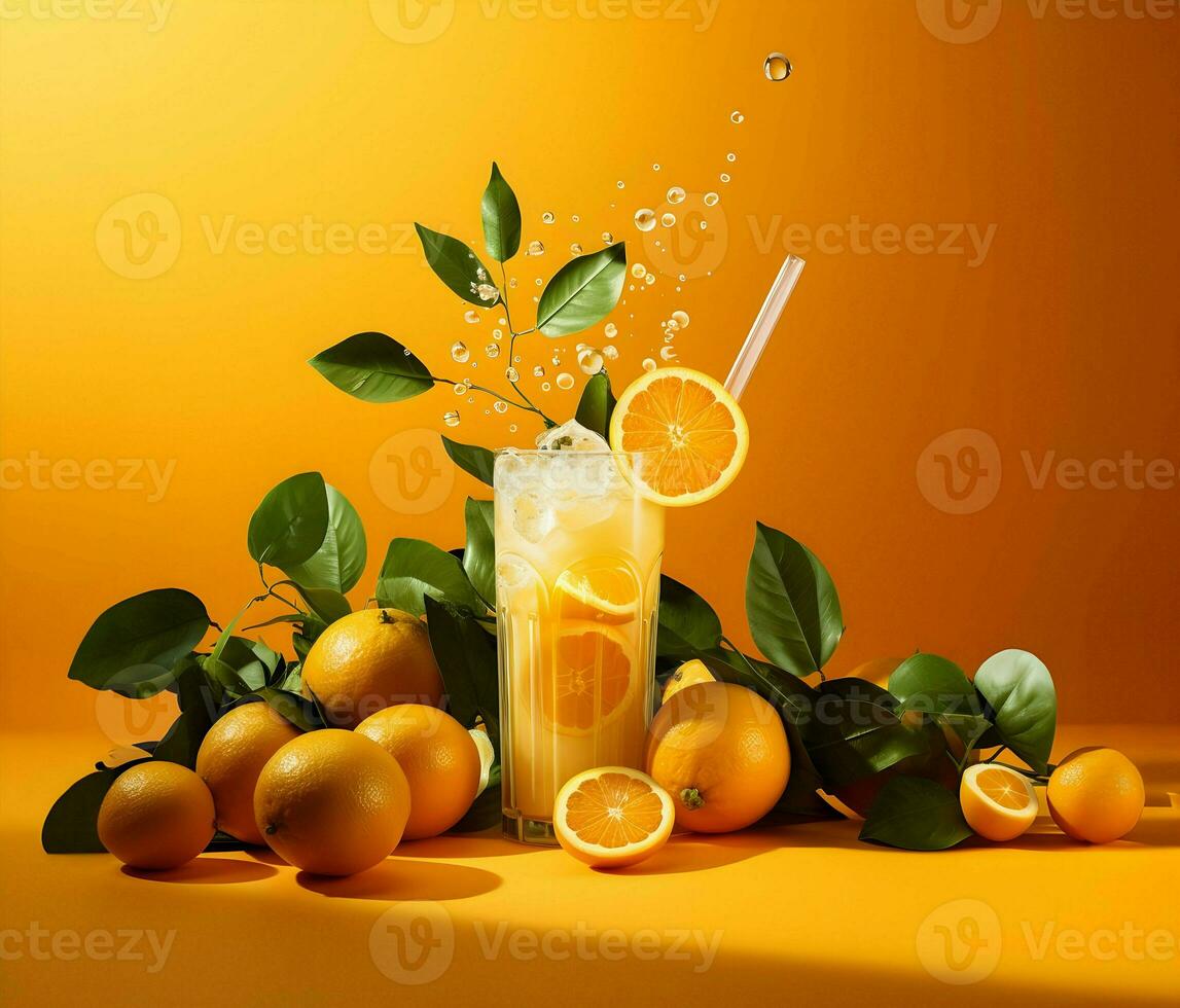 Oranges and orange juice floating on an orange background. High quality. AI Generative photo