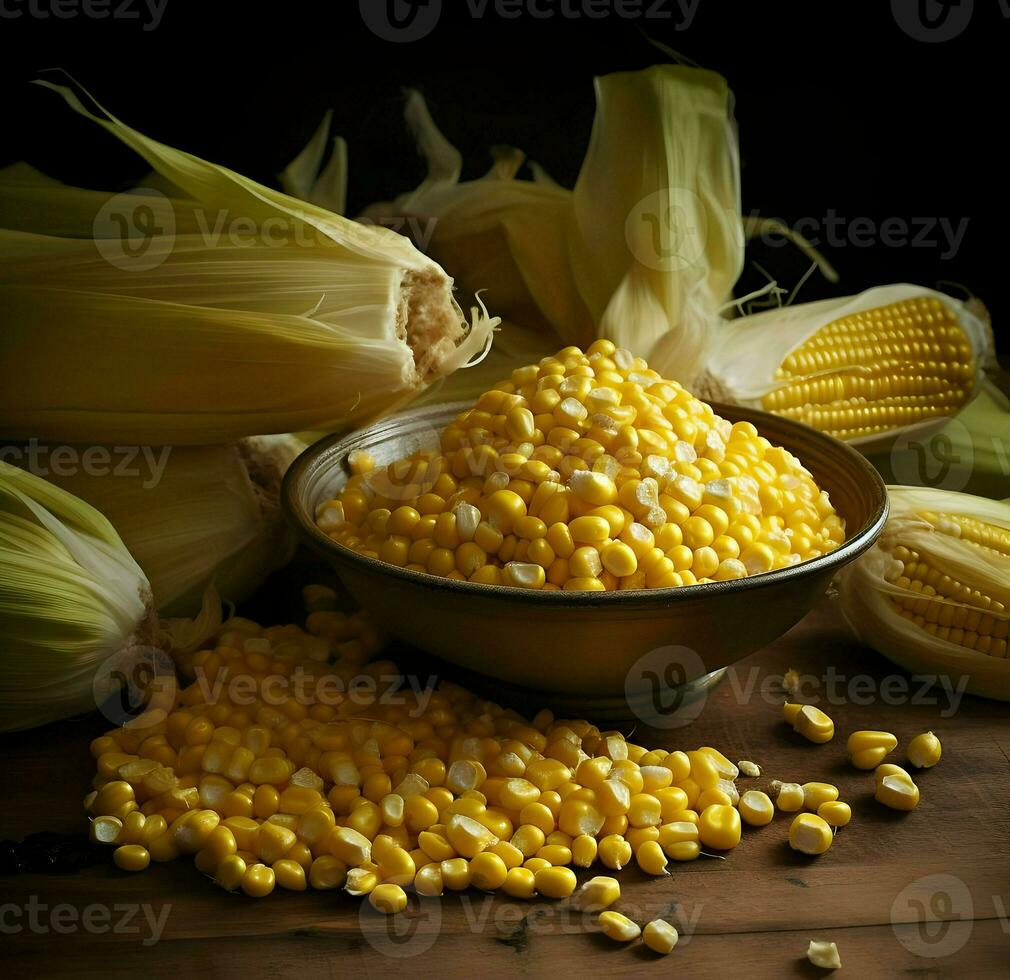 Scattered corn with cobs. High resolution. Ai generative photo