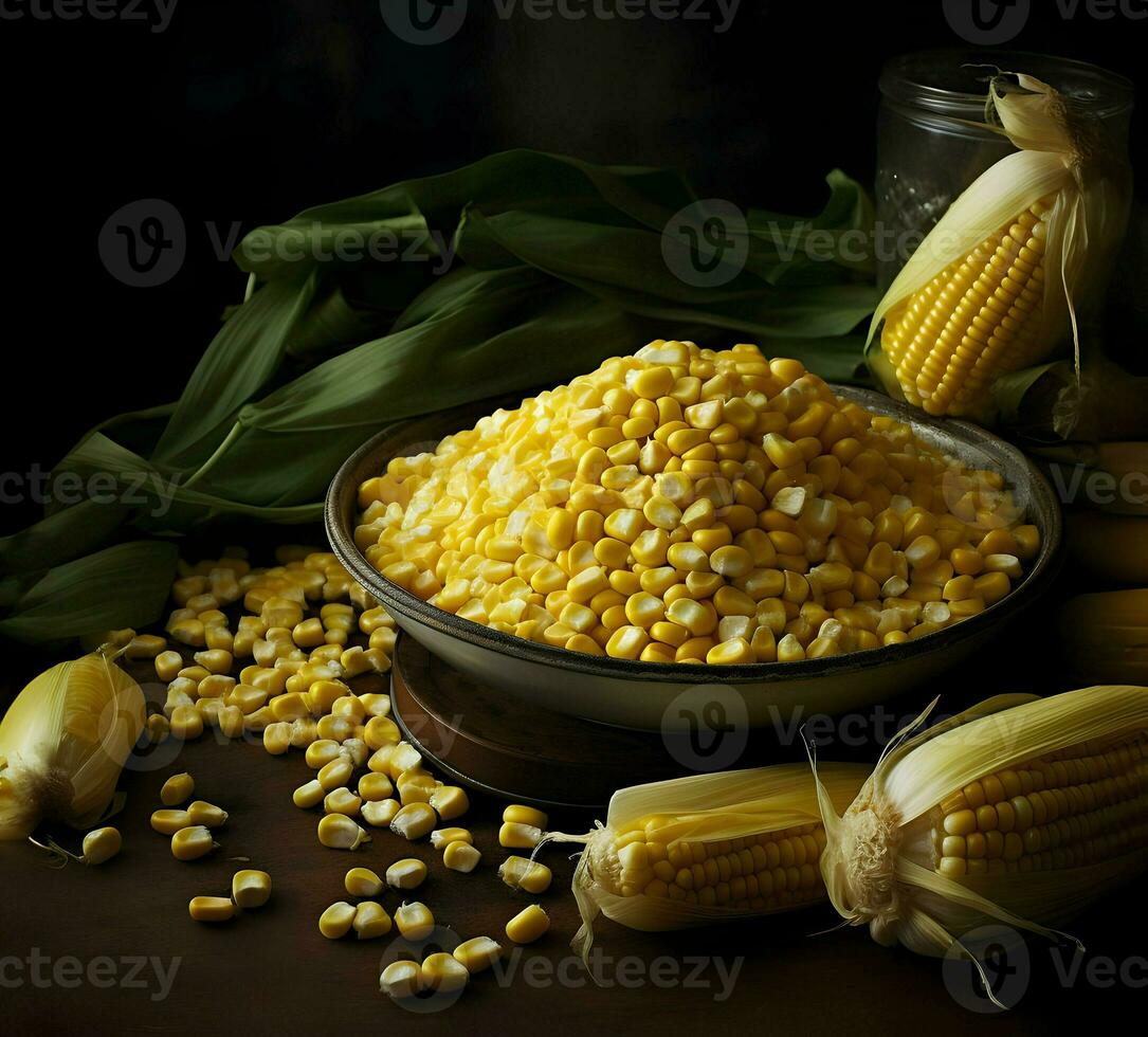 dispersado maíz con mazorcas alto resolución. ai generativo foto
