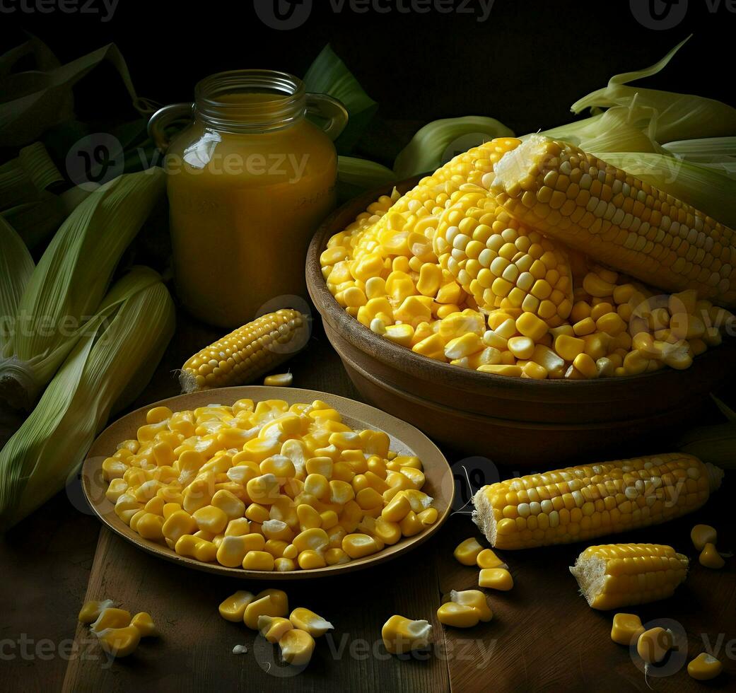 Scattered corn with cobs. High resolution. Ai generative photo