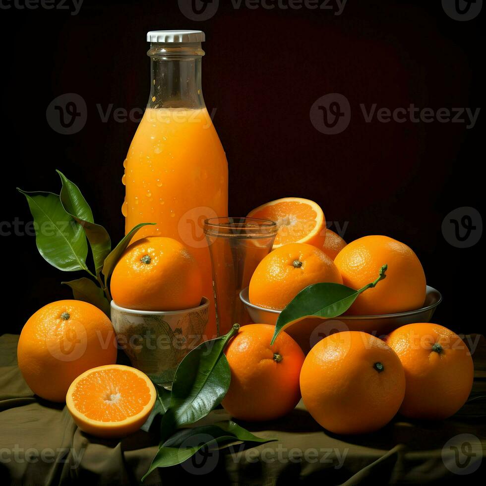 Orange with juice in glass bottles. High resolution. Ai generative photo