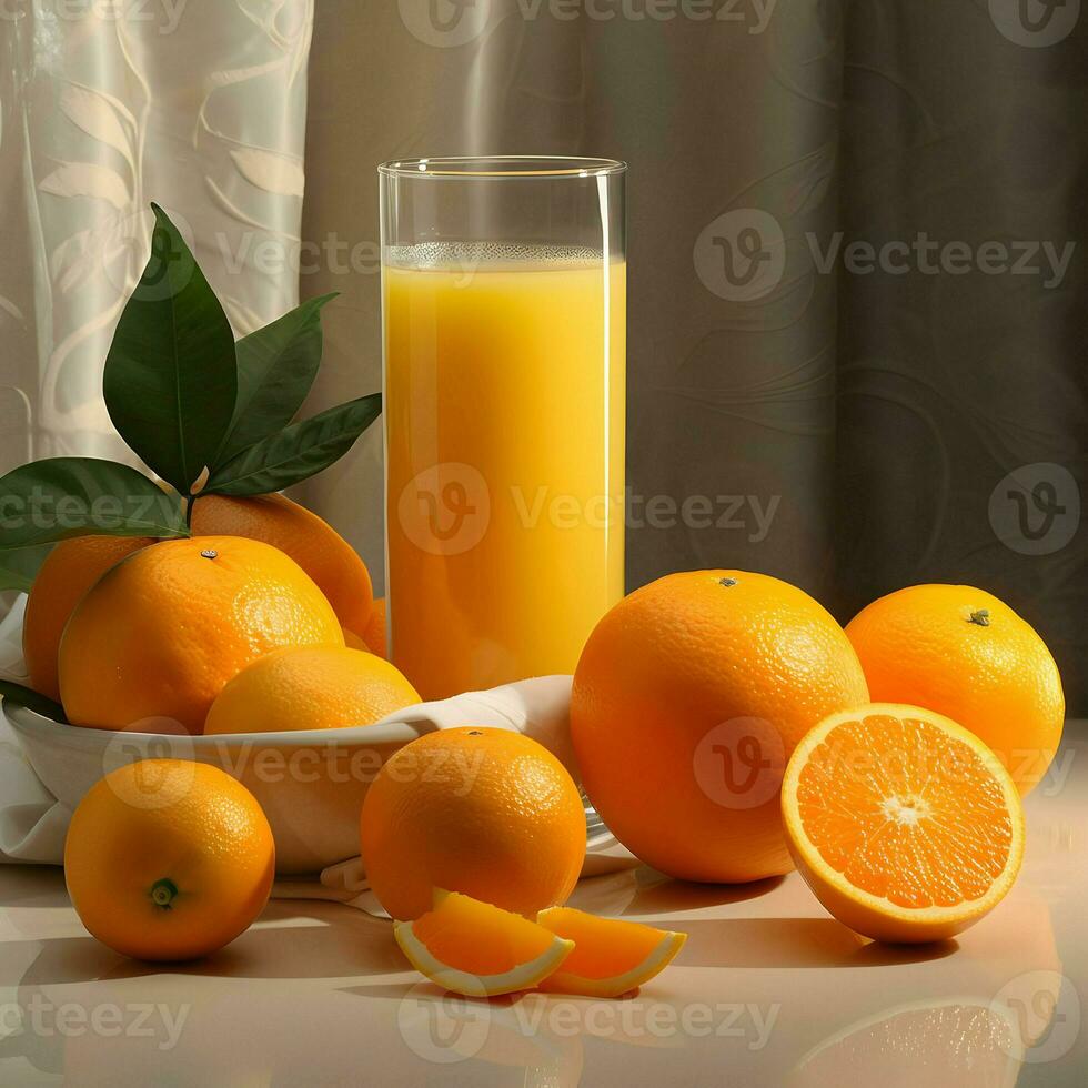 Orange with orange juice in glass. High quality. AI Generative photo