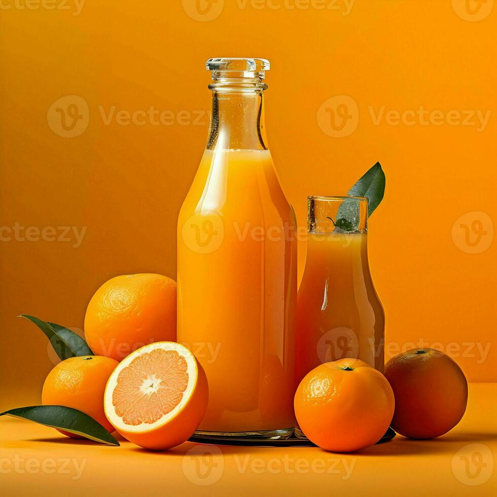 Orange with juice in glass bottles on orange background. High quality. AI Generative photo