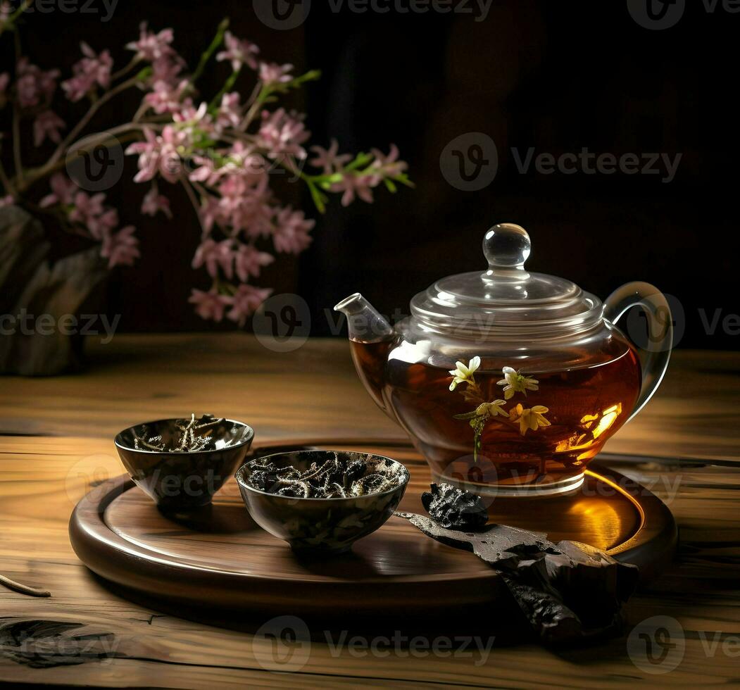 Traditional tea on a wooden table. High resolution. Ai generative photo