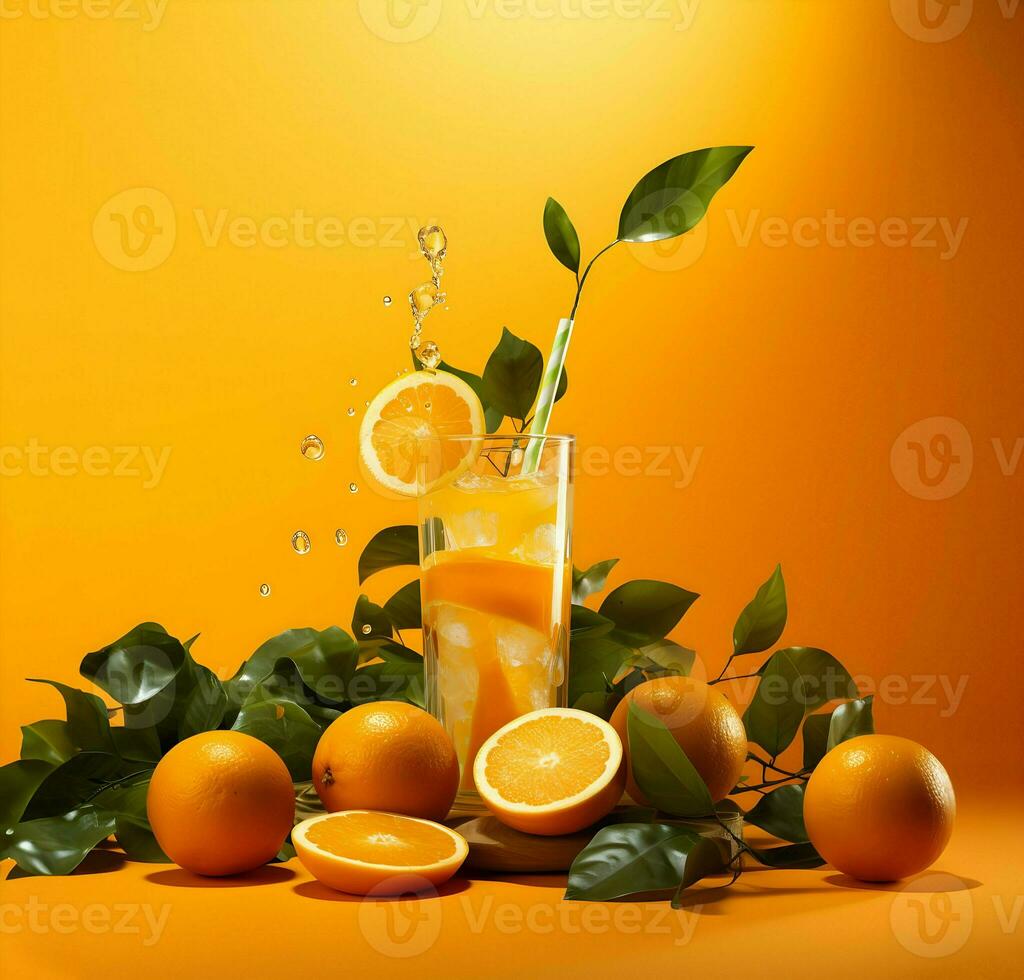 Oranges and orange juice floating on an orange background. High-resolution. AI Generative photo