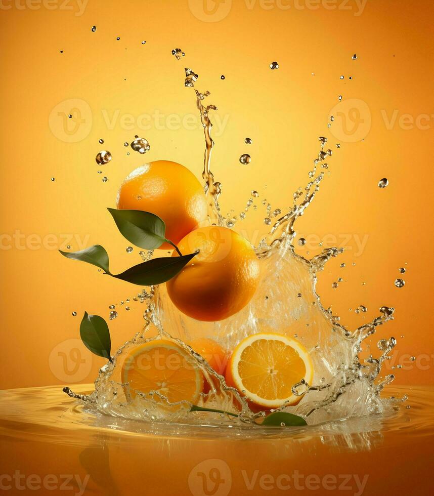 Oranges and orange juice floating on an orange background. High quality. AI Generative photo