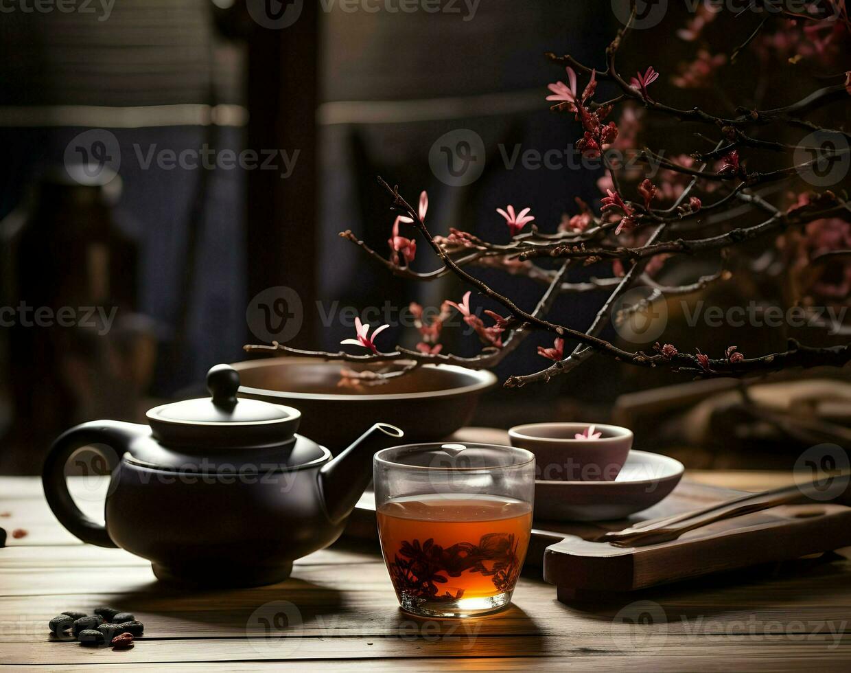 Traditional tea on a wooden table. High resolution. AI Generative photo