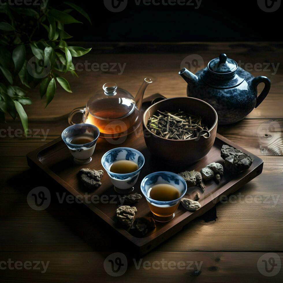 Tea on a wooden table. View from the top. High resolution. Ai generative photo