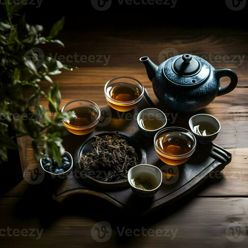 Tea on a wooden table. View from the top. High resolution. Ai generative photo